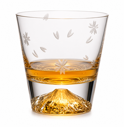 Tajima Glass Mount Fuji Sakura Kiriko Whisky Glas handgefertigt in Holz-Geschenkbox – large