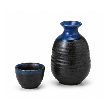 Japanisches Sake Set - Keramik Karaffe & Becher "Black Crystal" Design