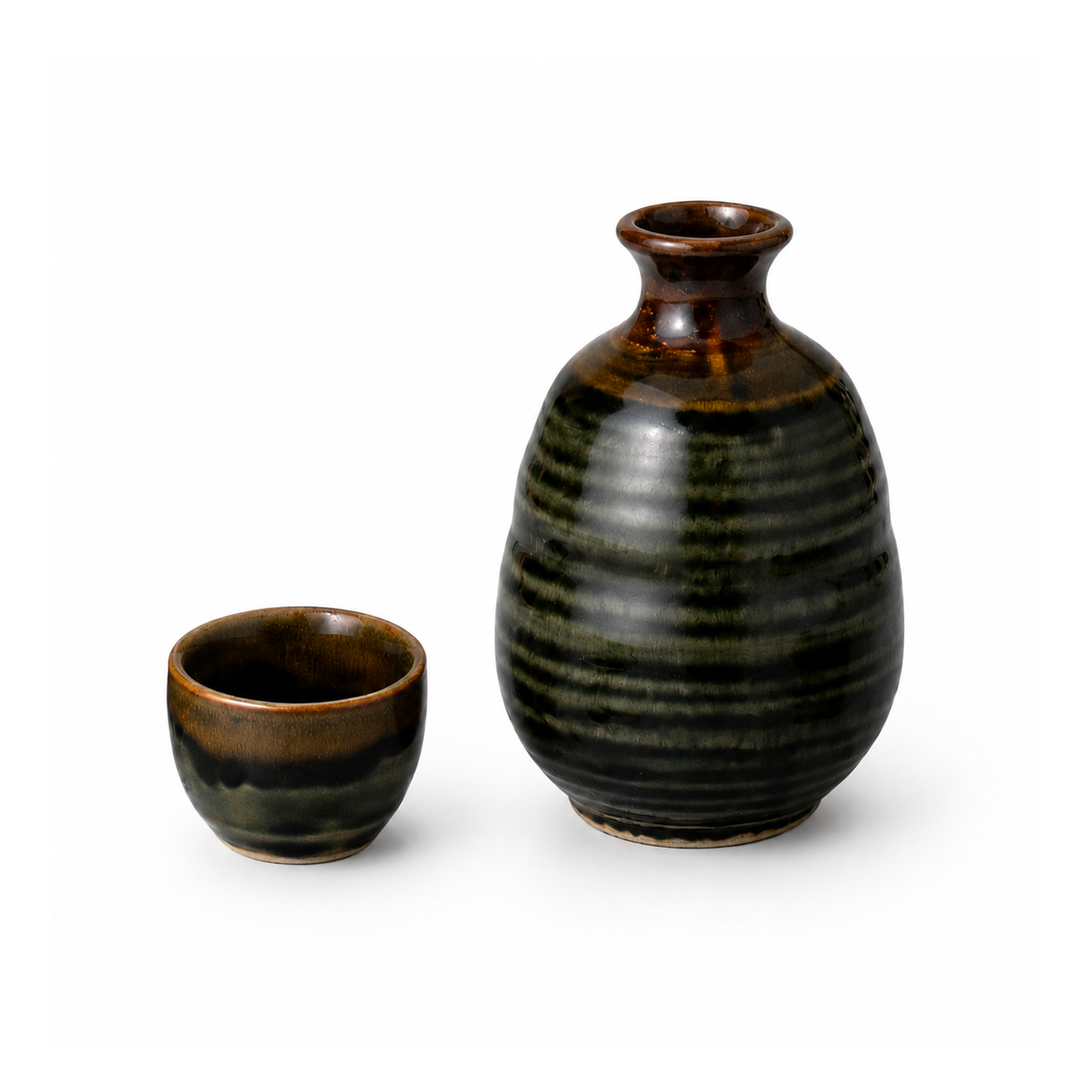 Japanisches Sake Set - Keramik Karaffe & Becher "Brown" Design