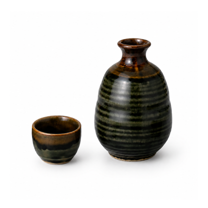 Japanisches Sake Set - Keramik Karaffe & Becher "Brown" Design